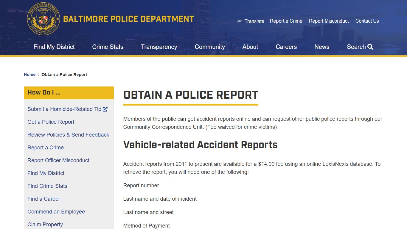 Obtain a Police Report | Baltimore Police Department